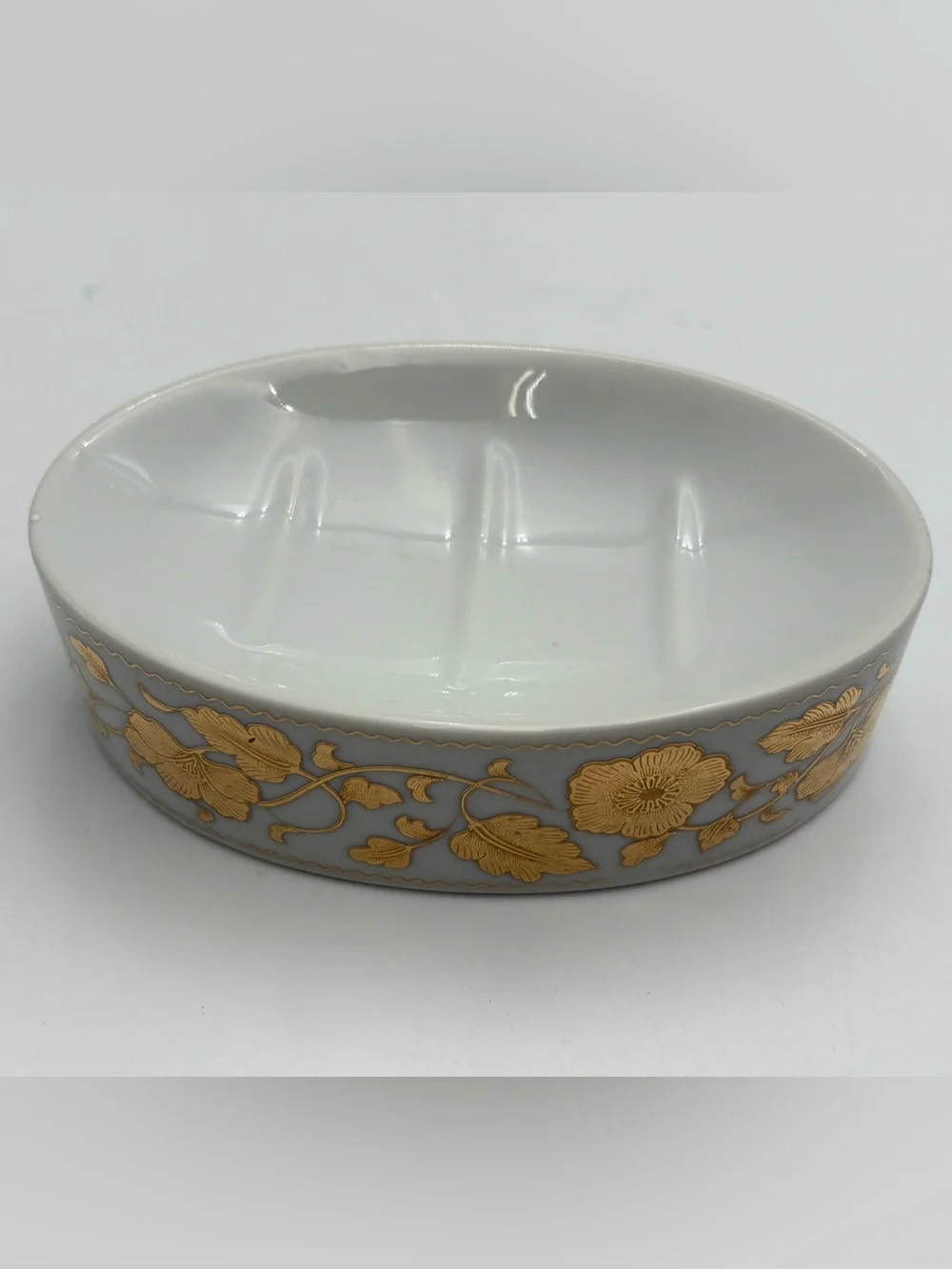 Vintage White Porcelain Soap Dish with Gold Floral Motif